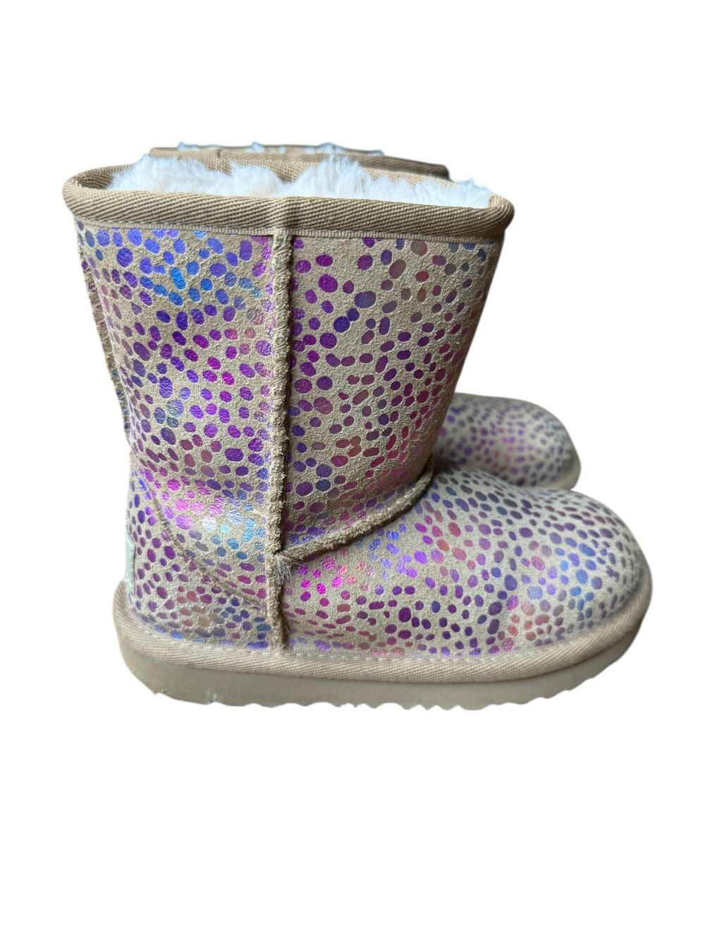 UGG Classic II Spots Boots Girls Size 10 Chestnut Suede Metallic Rainbow